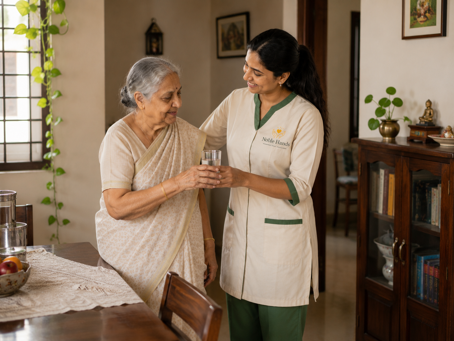 A Noble Hands caregiver offering water and performing a gentle check-in visit at home