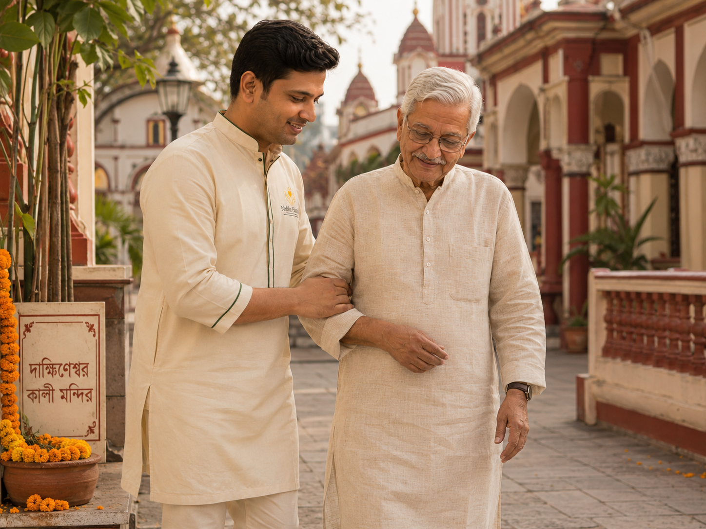 A trained Noble Hands accompaniment caregiver assisting an older parent during an outing in Kolkata